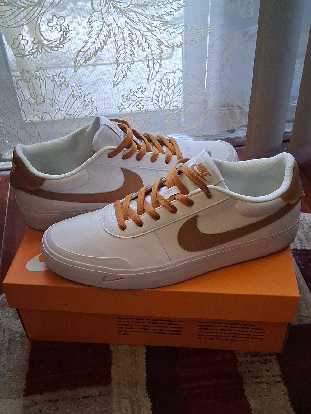 Nike Men’s Low-Top Sneakers — White with Tan Swoosh and Laces